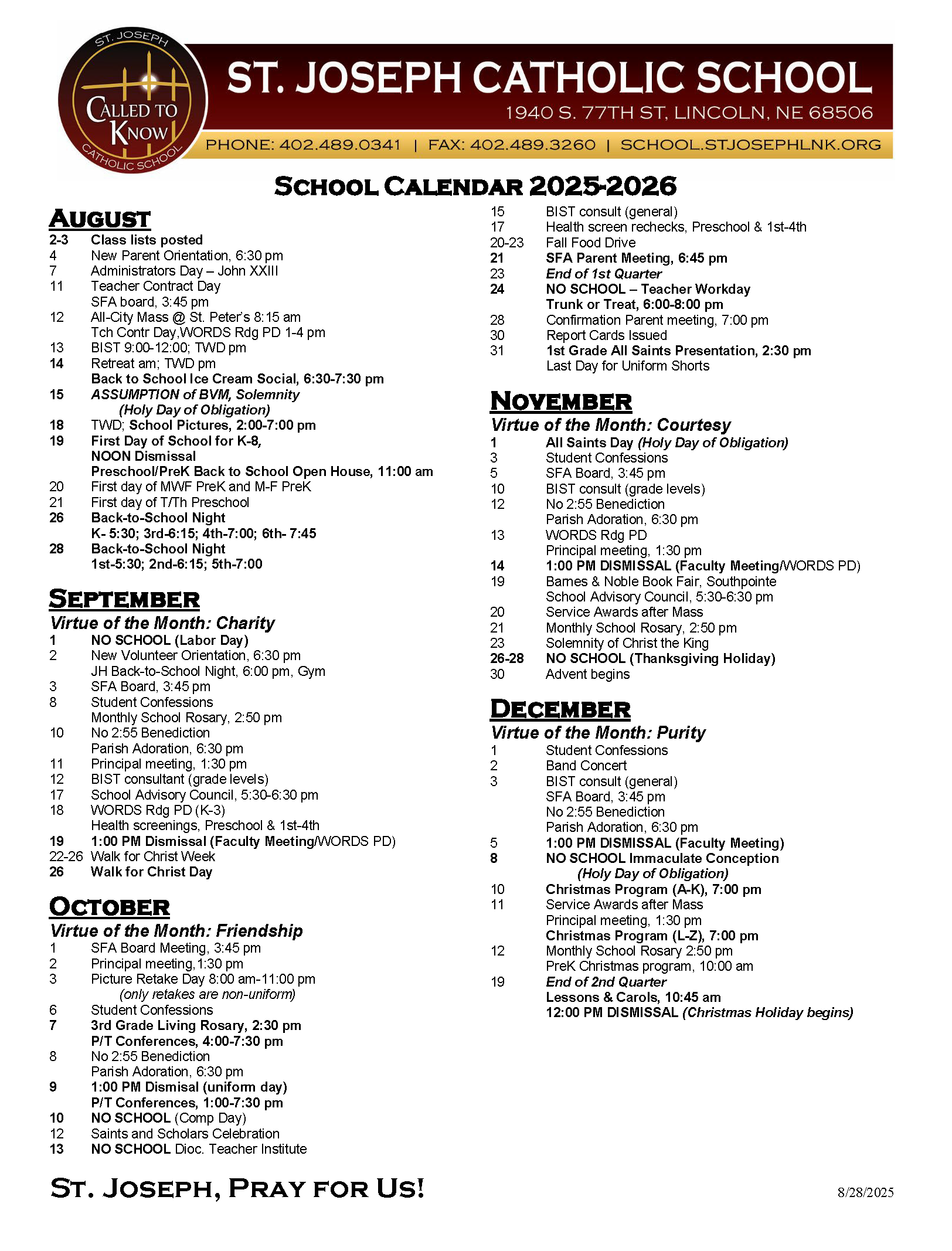 2025 2026 School Calendar 8 28 25 Page 1