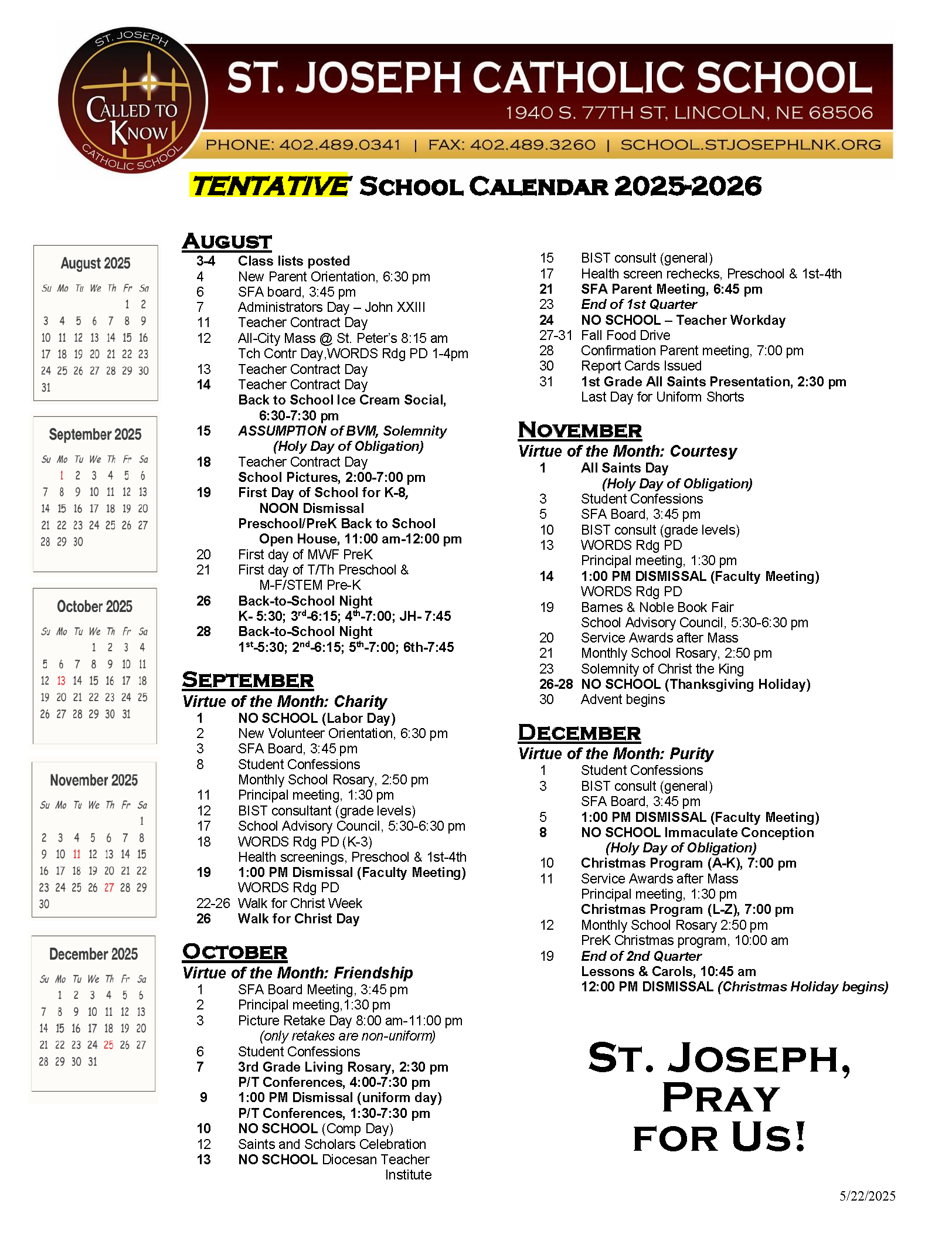 2025 2026 School Calendar Tentative Page 1