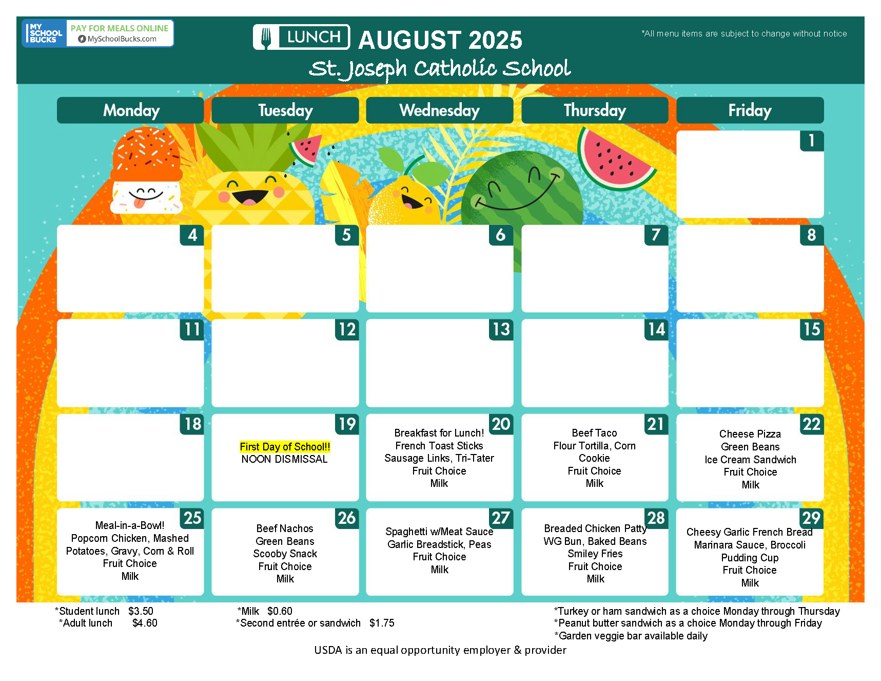 August 2025 Lunch Menu