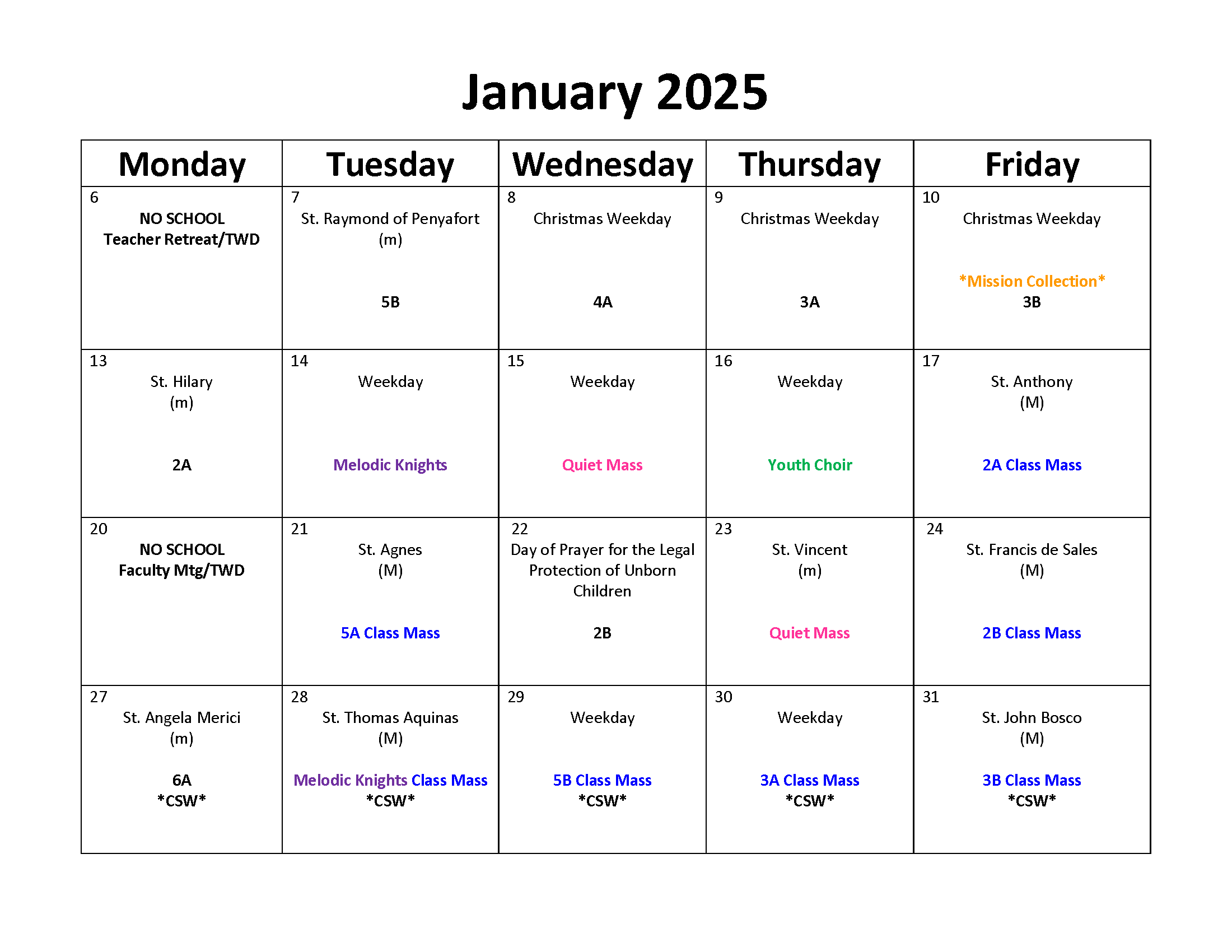 January 2025 Liturgy Calendar