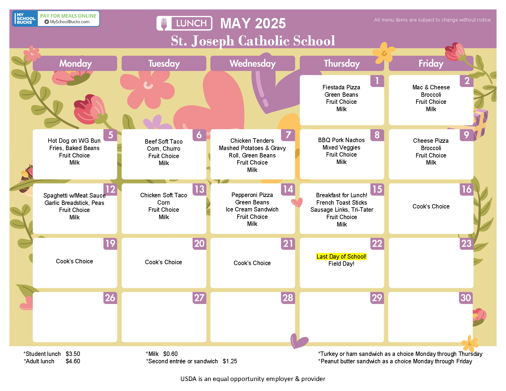 May 2025 lunch menu