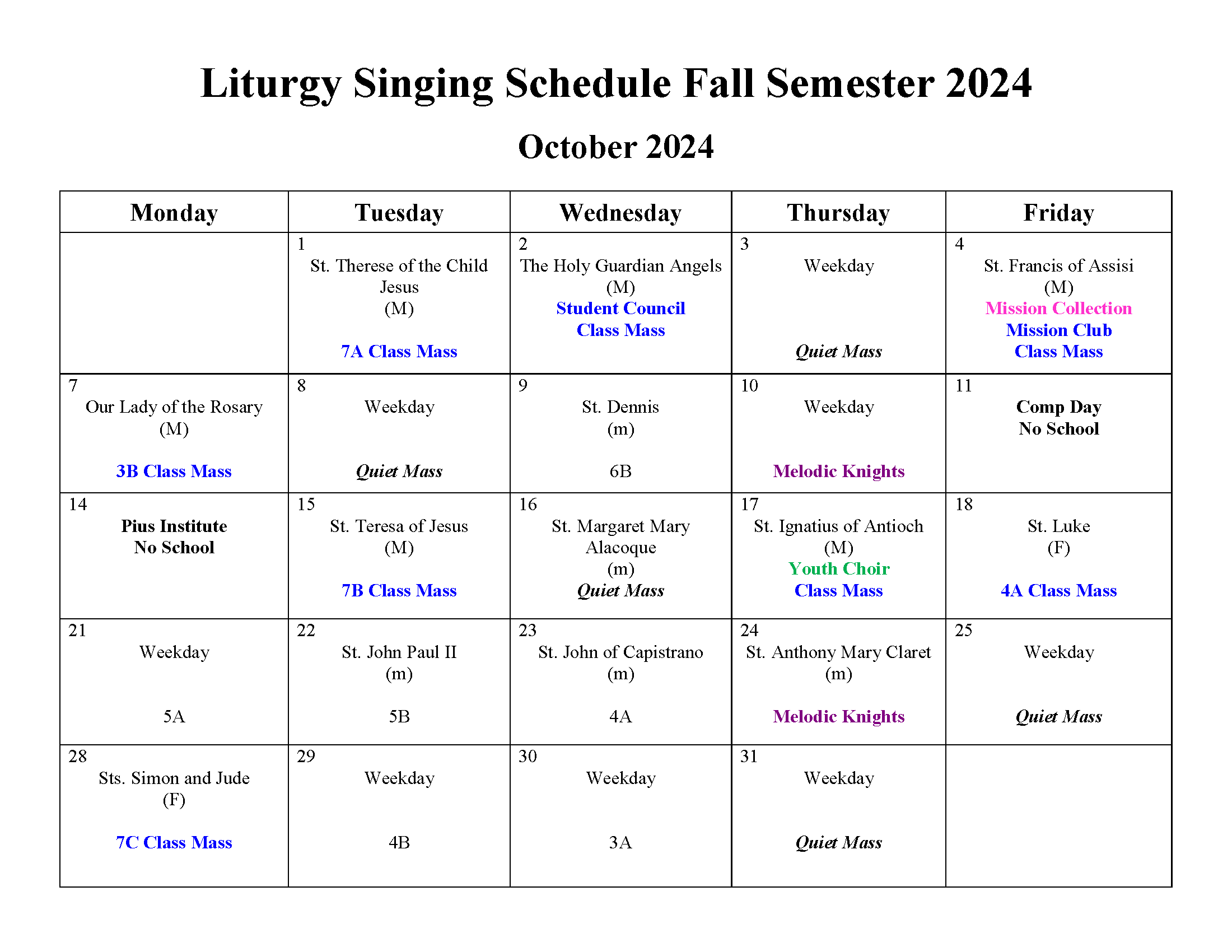 October 2024 Liturgy Calendar