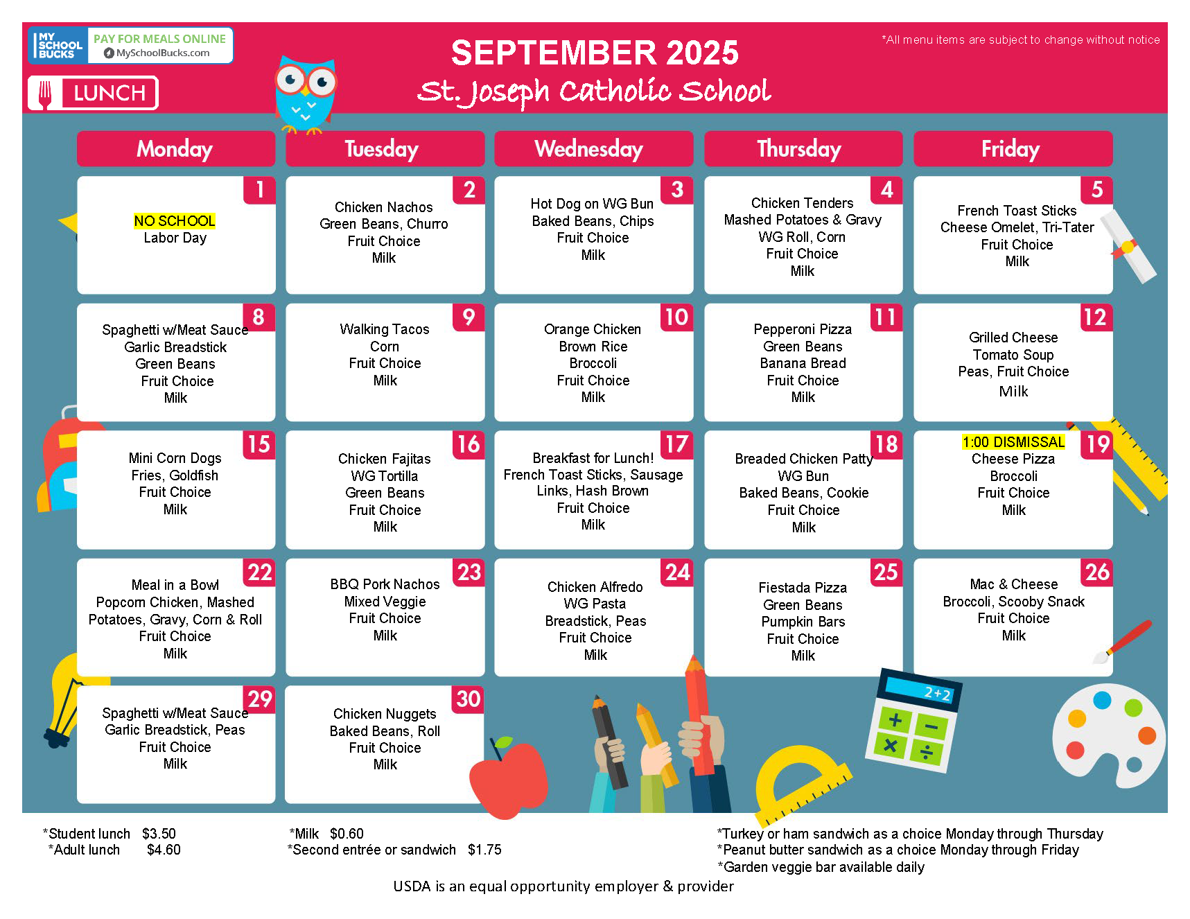 September 2025 Lunch Calendar