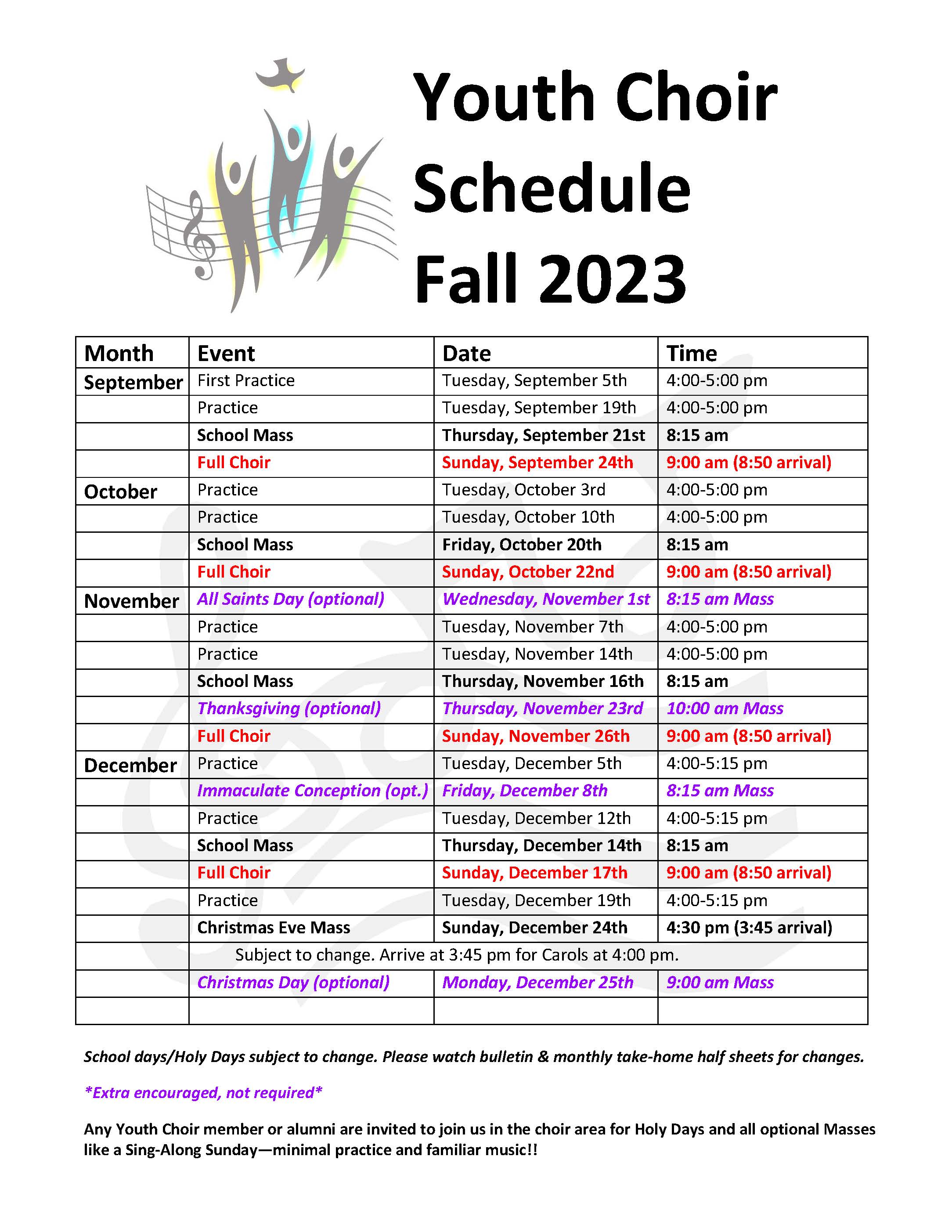 Youth Choir Schedule Fall 2023