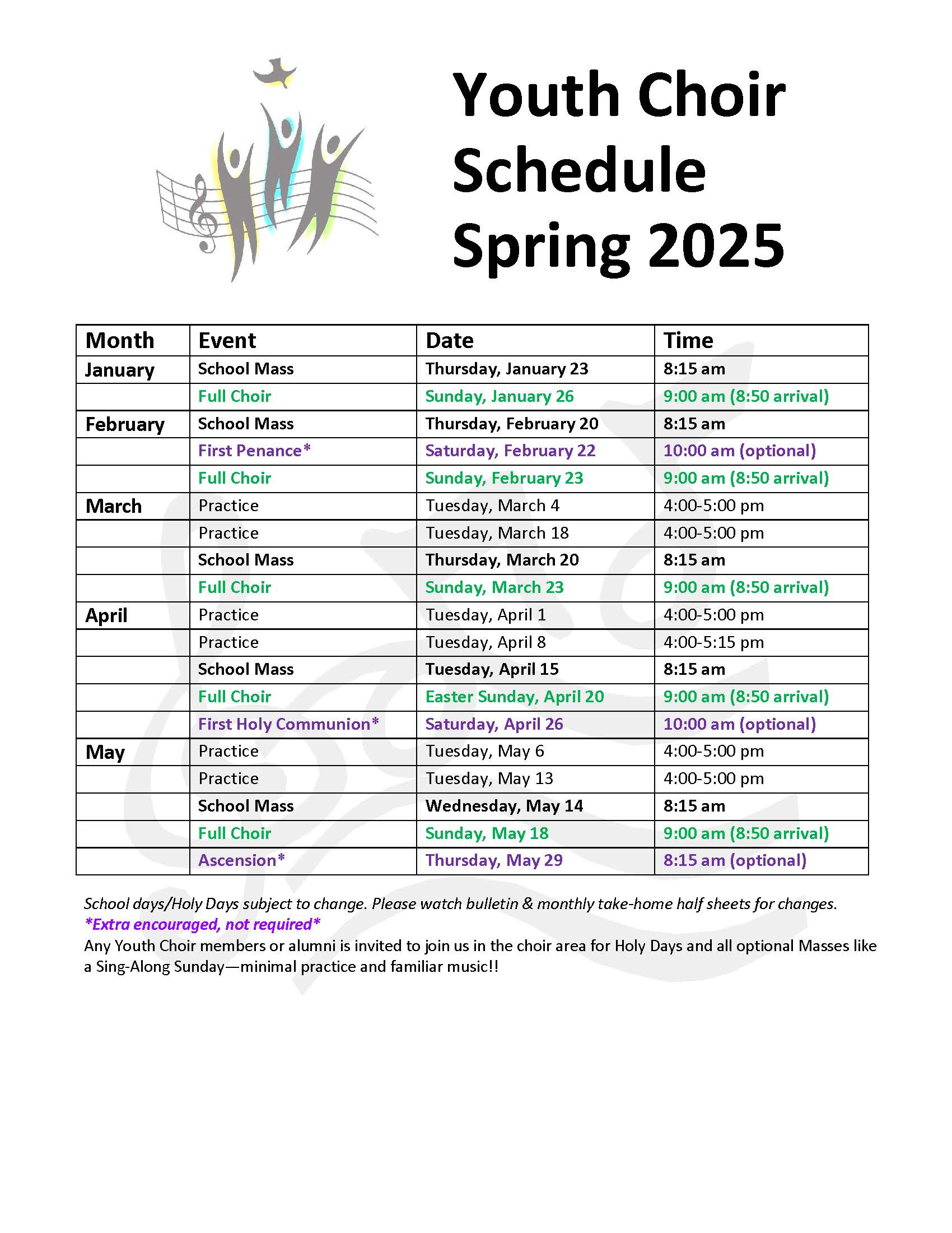 Youth Choir Schedule Spring 2025 2